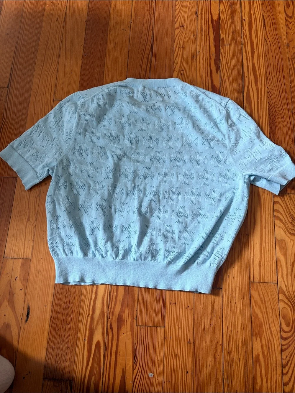 Tory Burch Light Blue Crewneck Sweater with Red Strawberry Patch